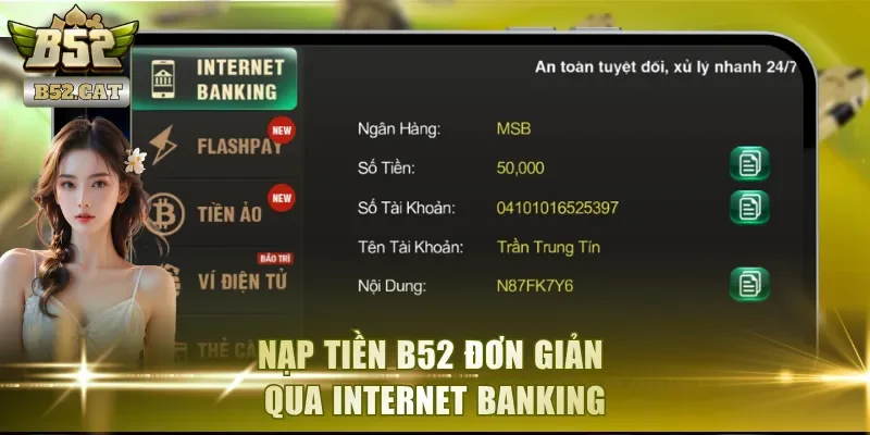 Nạp tiền B52 đơn giản qua Internet Banking